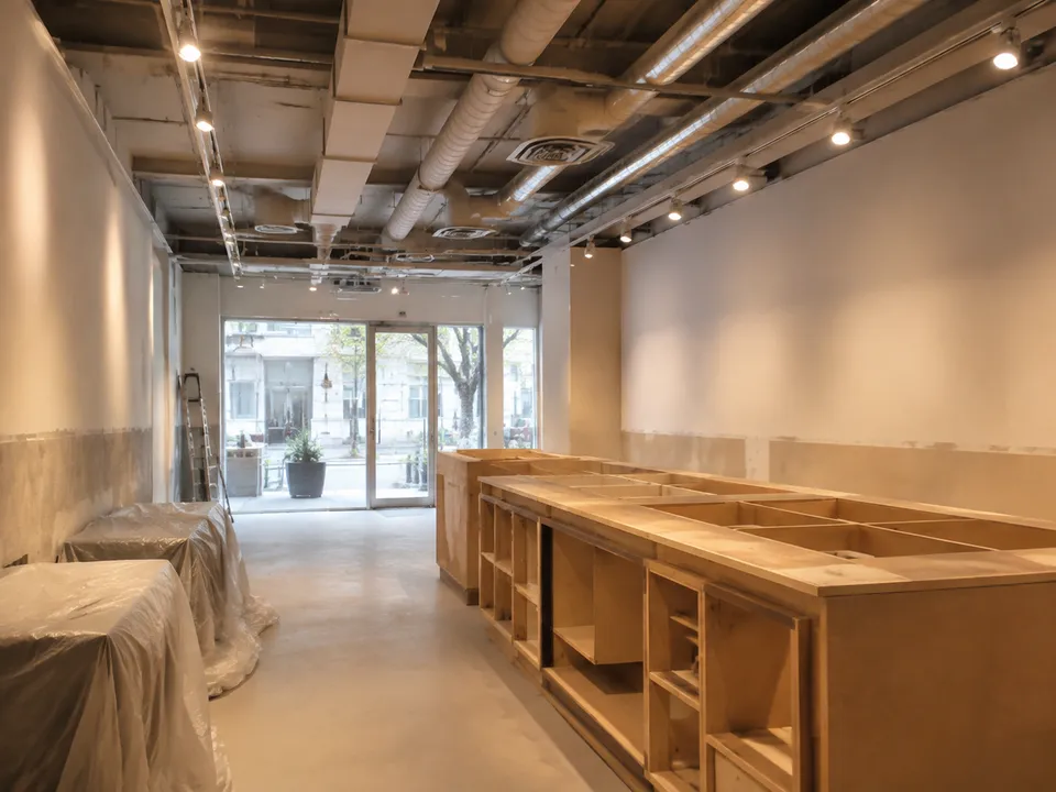 Local en adecuación con mostrador de madera e instalaciones del techo visibles