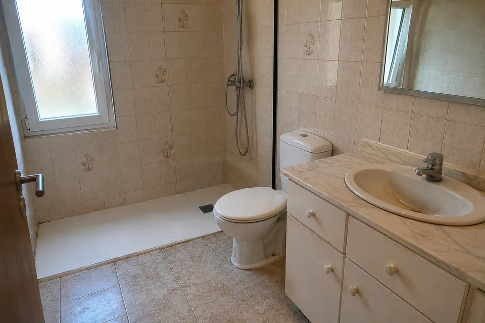 Baño con revestimientos antiguos y mueble de lavabo antes de su renovación