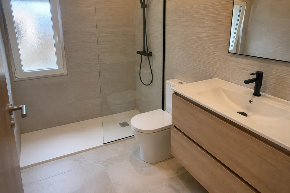 Baño con ducha acristalada, lavabo de madera y grifería negra