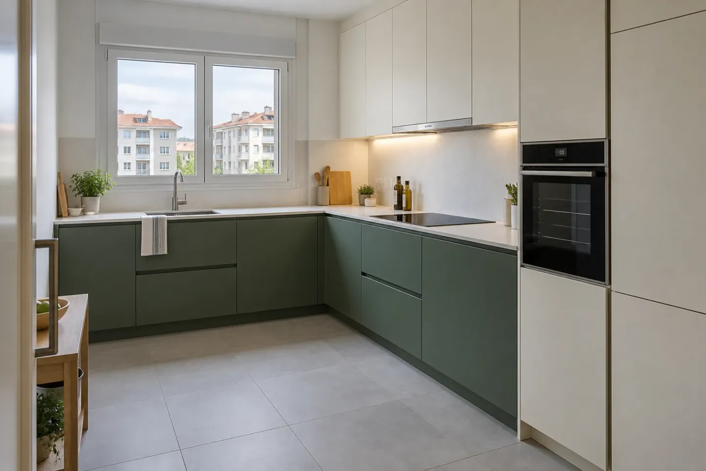 Cocina en L con muebles verdes y blancos, encimera clara y horno integrado