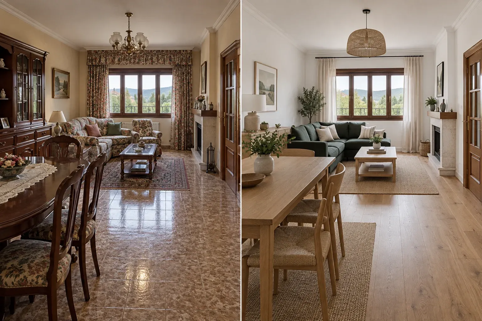 Visualización de dos estilos de salón: suelo y muebles oscuros a la izquierda; madera clara y paredes blancas a la derecha