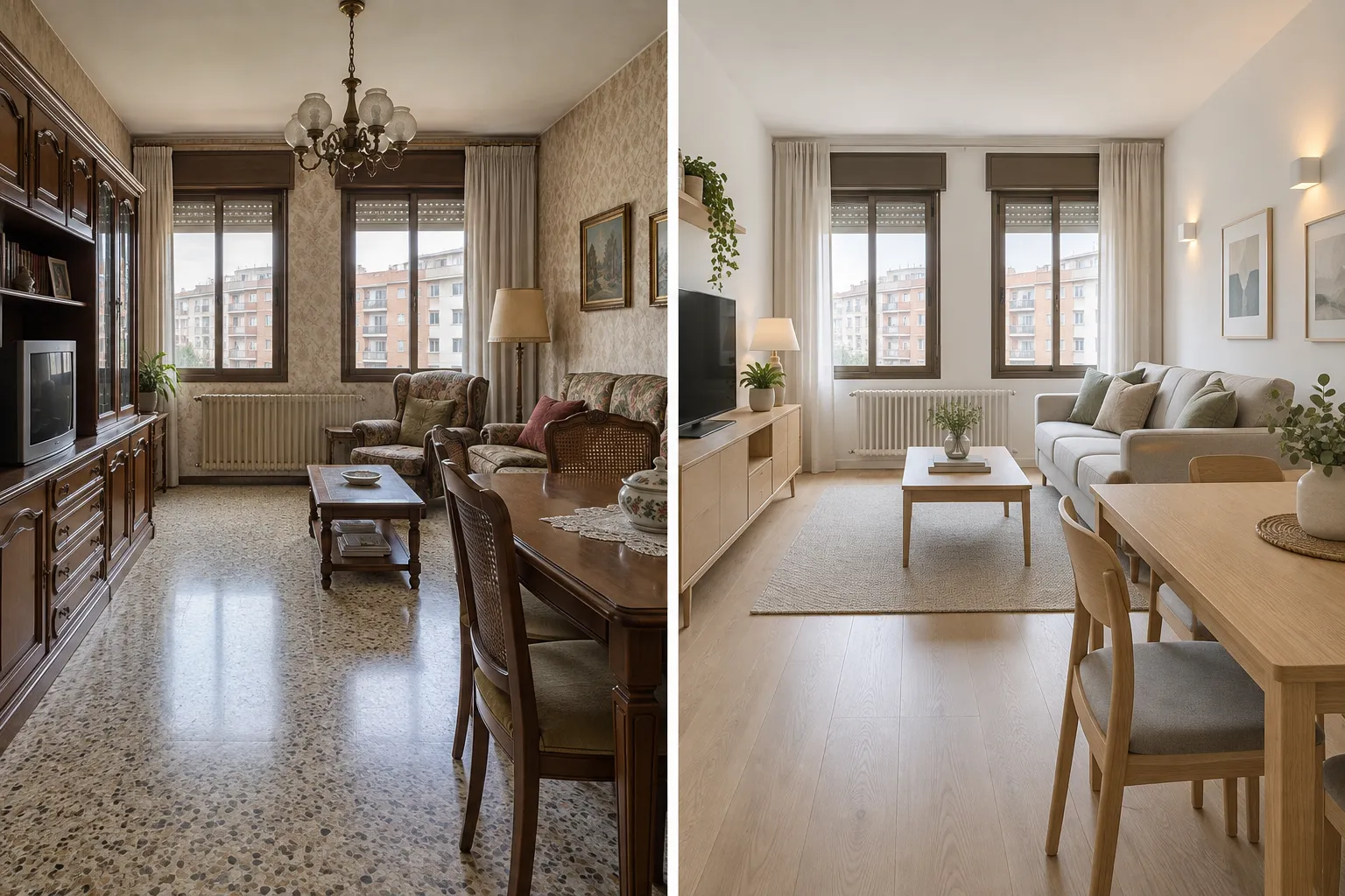Visualización de dos estilos de salón: suelo y muebles oscuros a la izquierda; madera clara y paredes blancas a la derecha