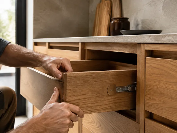 Manos ajustando un cajón de madera bajo una encimera de piedra