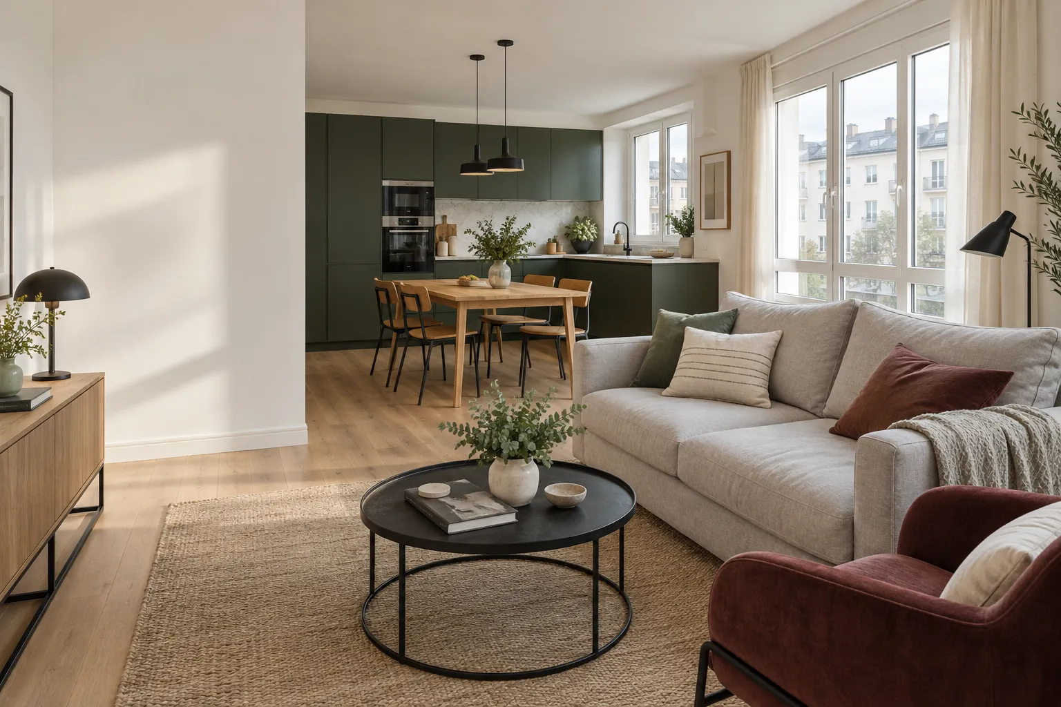 Propuesta de interior con cocina verde, salón luminoso y suelo de madera