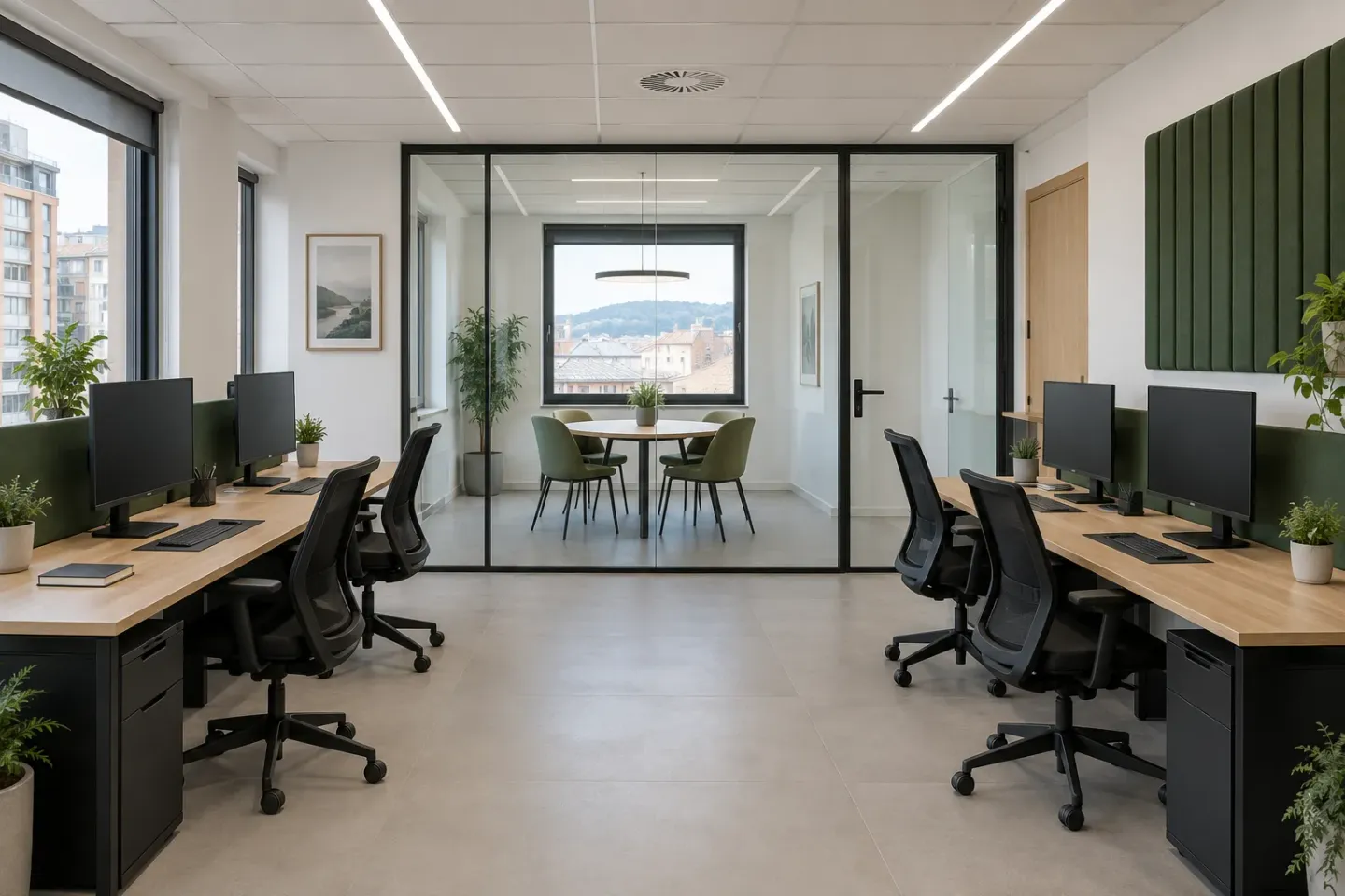 Espacio de trabajo con puestos de oficina y sala de reuniones acristalada