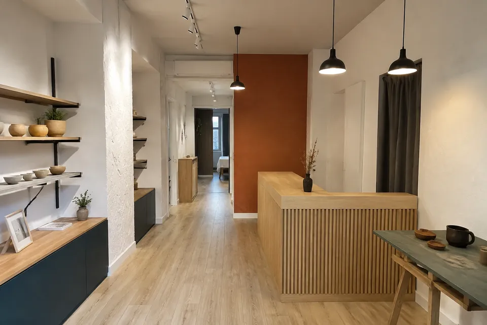 Local comercial con mostrador de listones de madera y estanterías