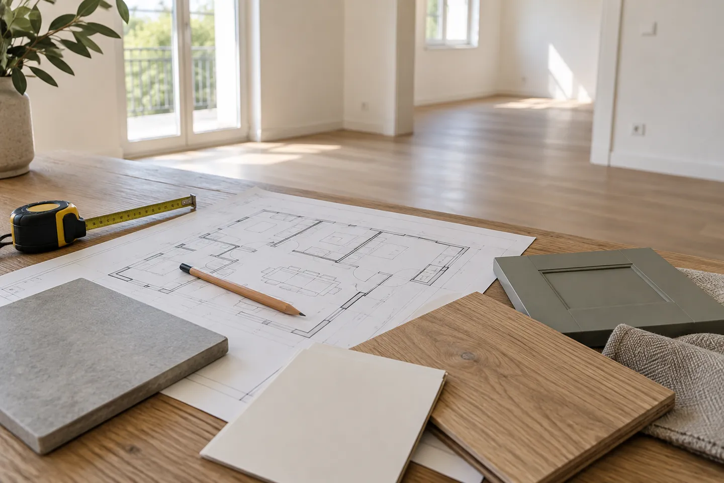 Planificación y selección de materiales para una reforma Planos de vivienda, cinta métrica y muestras de madera, cerámica y pintura sobre una mesa