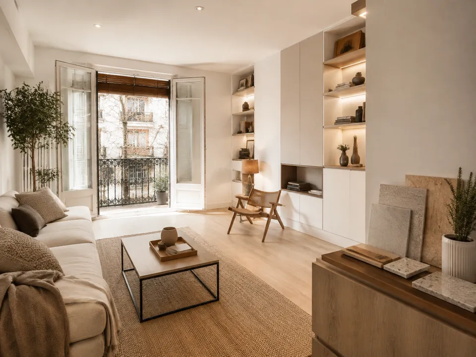 Salón luminoso con muestras de piedra y madera para elegir los acabados